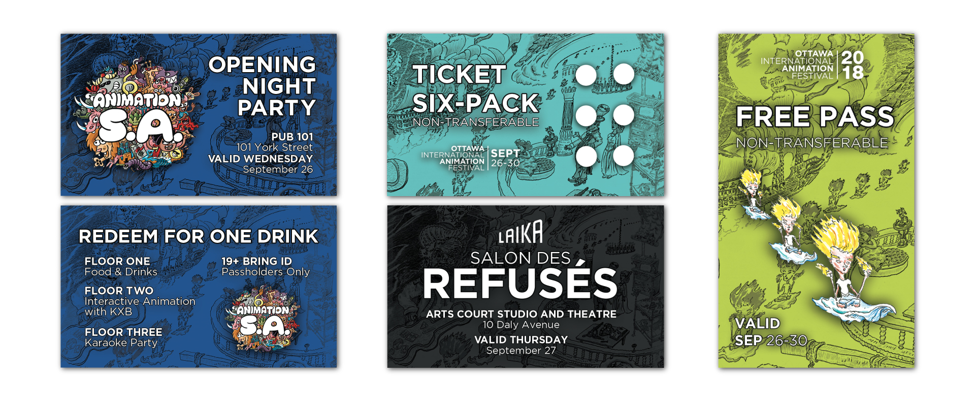 Images showcasing the variety of tickets I made for the festival.