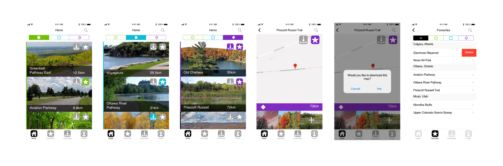 Images of the first prototype for the Trail app.